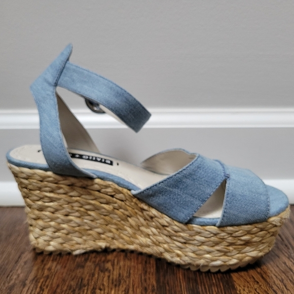 Alice & Olivia Roberta Denim Espadrilles Platform Wedges Ankle Strap Open Toe - Picture 4 of 7